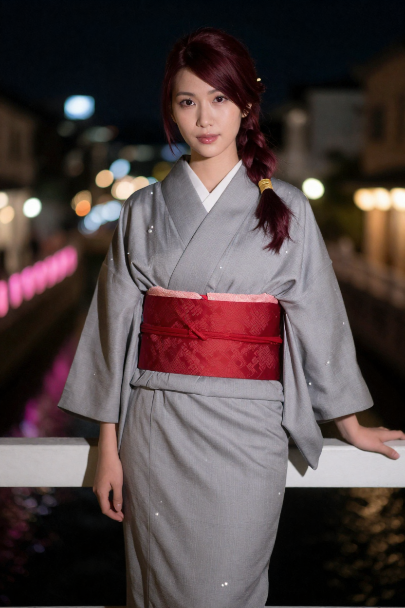 Editorial portrait of a fictional 34-year-old woman with deep plum hair in a low side ponytail