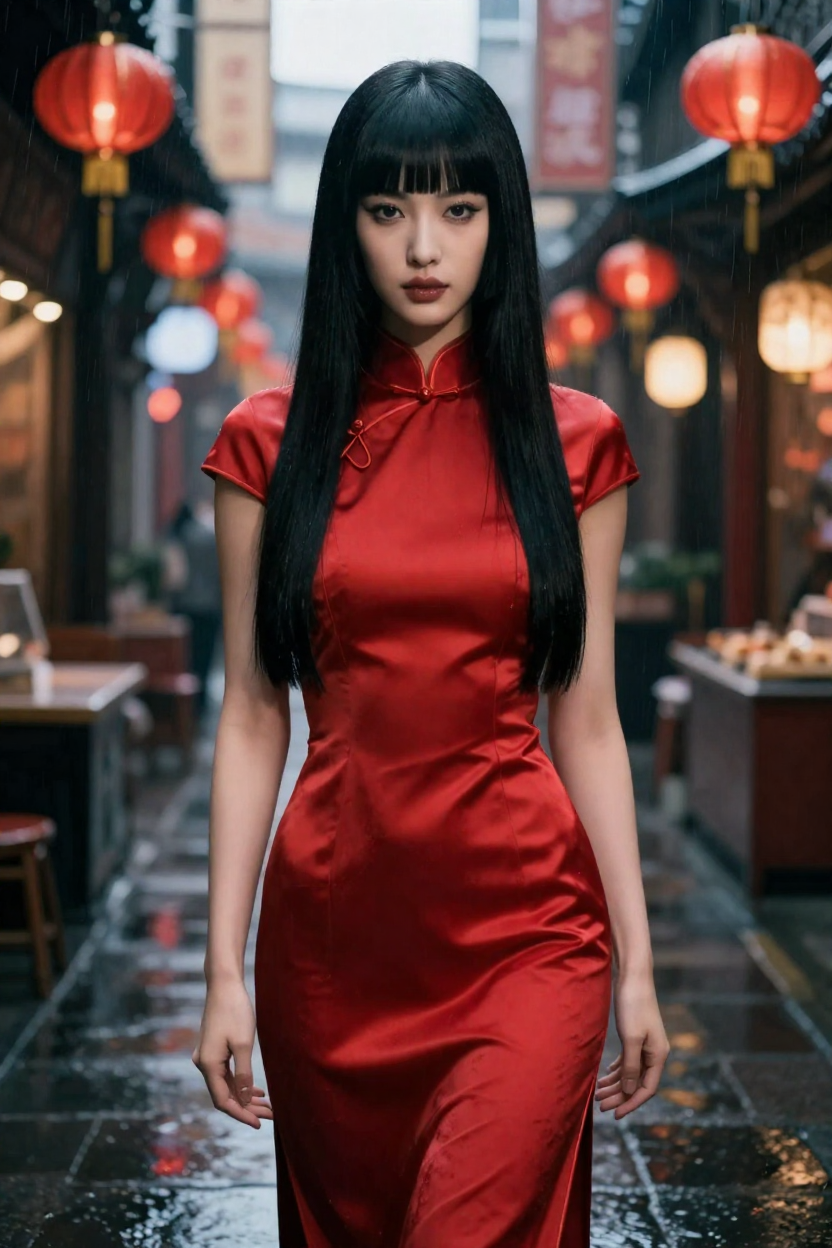 Editorial portrait of a fictional 30-year-old East Asian woman with a black hime-cut hairstyle, long straight